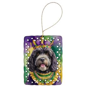 Portuguese Water Dog King of Mardi Gras Porcelain Ornament Christmas Tree Hanging Decorations for Home Christmas Holiday, Rectangle, Gift, Multic