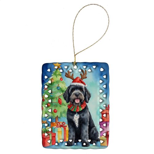 Portuguese Water Dog Christmas Reindeer Porcelain Ornament Christmas Tree Hanging Decorations for Home Christmas Holiday, Rectangle, Gift, Multic
