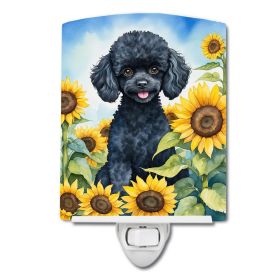 NEW Black Poodle in Sunflowers Ceramic Night Light Compact, UL-Certified, Ideal for Bedroom, Bathroom, Nursery, Hallway, Kitchen, 6x4x3, Multicol