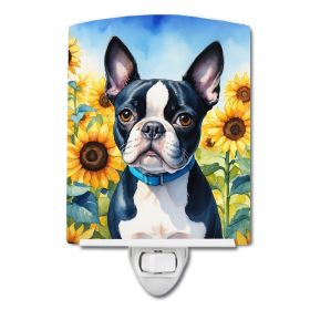 NEW Boston Terrier in Sunflowers Ceramic Night Light Compact, UL-Certified, Ideal for Bedroom, Bathroom, Nursery, Hallway, Kitchen, 6x4x3, Multic