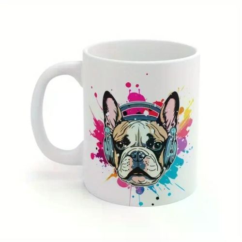 Frenchie Mug, Gifted Frenchie Mugs, Dog Headphone Mug, Dog Music Lover Gift, Funny Dog Music Gift, Music Lover